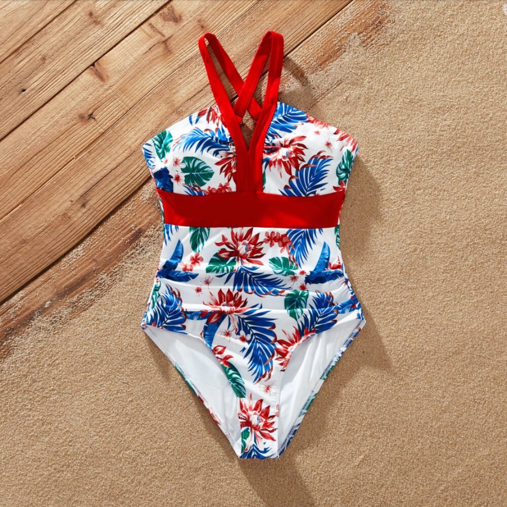 Women Tropical Plant Print Red Spaghetti Strap One-piece Swimsuit S, M, L, XL